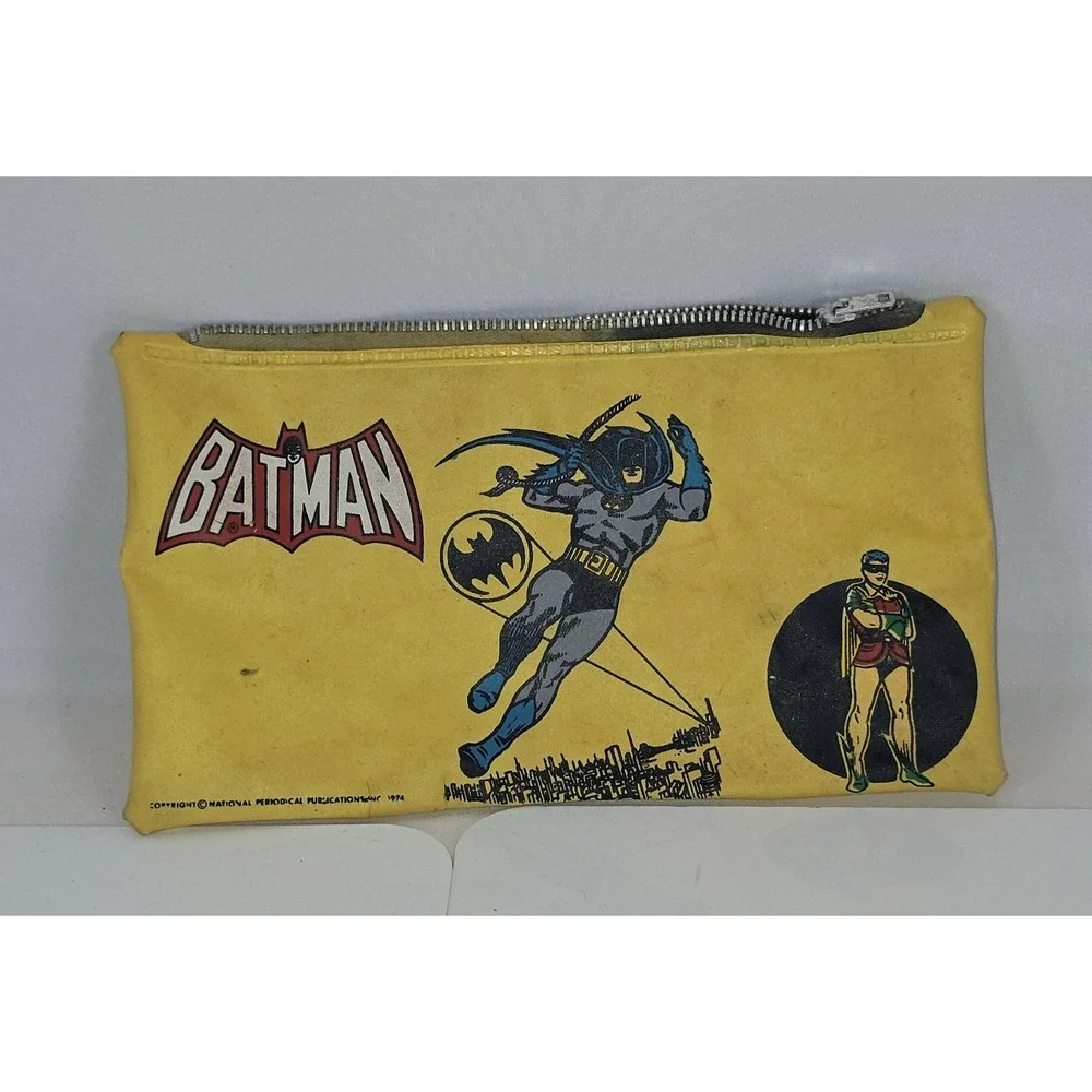 BATMAN & ROBIN 1974 Yellow Plastic Zipper Pencil Pouch Pencil Case Hong Kong VTG